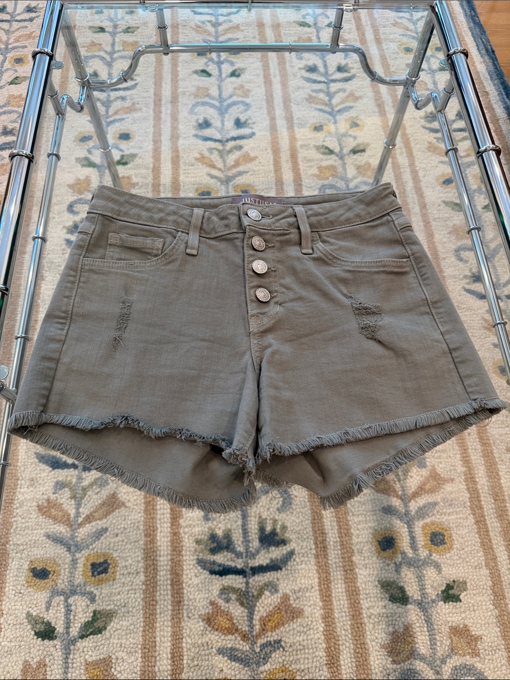 Just USA Olive Distressed Button-Front Jean Shorts